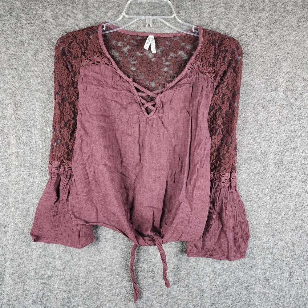 Mudd Top Womens Medium Boho Lace Bell Sleeve Burgundy Tie Front EUC